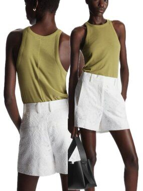 COS Lace Floral Panel Tailored High-Waisted Trouser Shorts (White)